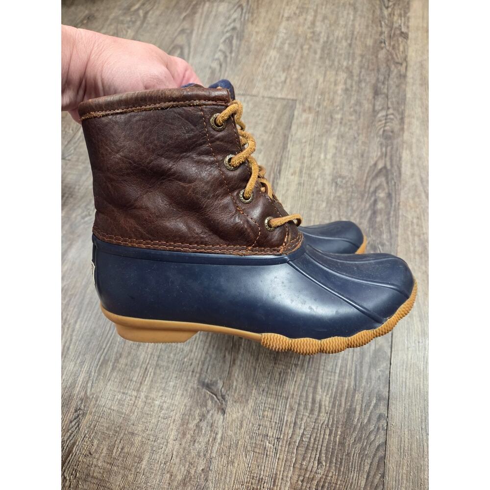 Sperry Saltwater 5.5M Brown Leather and Navy Duck Rain Winter Boots STS91175 - Picture 4 of 9